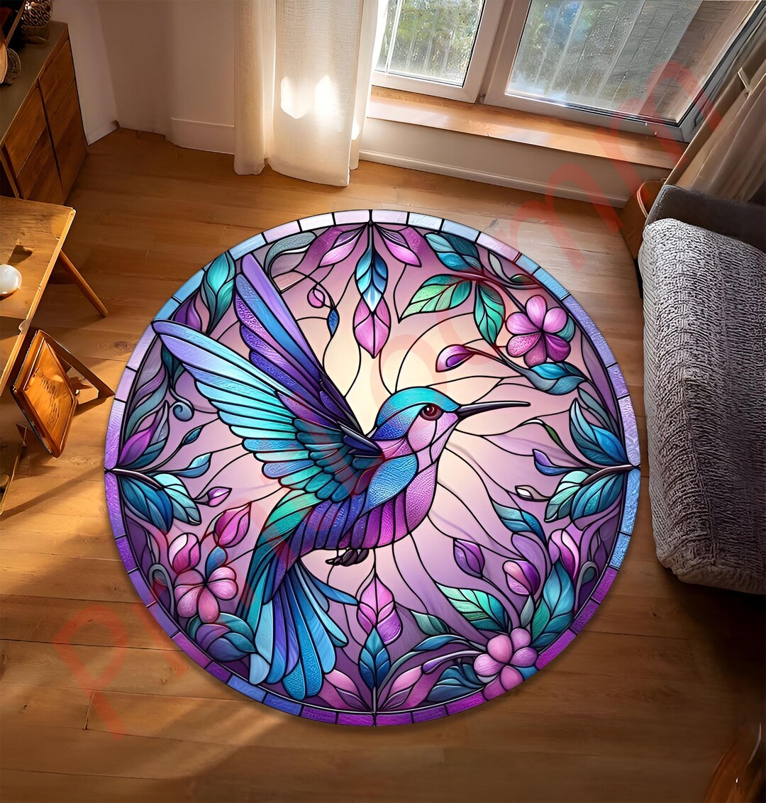 Stained Glass Hummingbird Rug, Round Floral Bird Carpet for Living Room ...