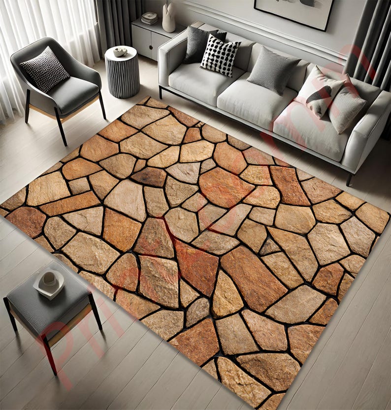Stone Path Rug Stone Pattern Rug for Living Room, Rustic Stone Floor Look Carpet ...