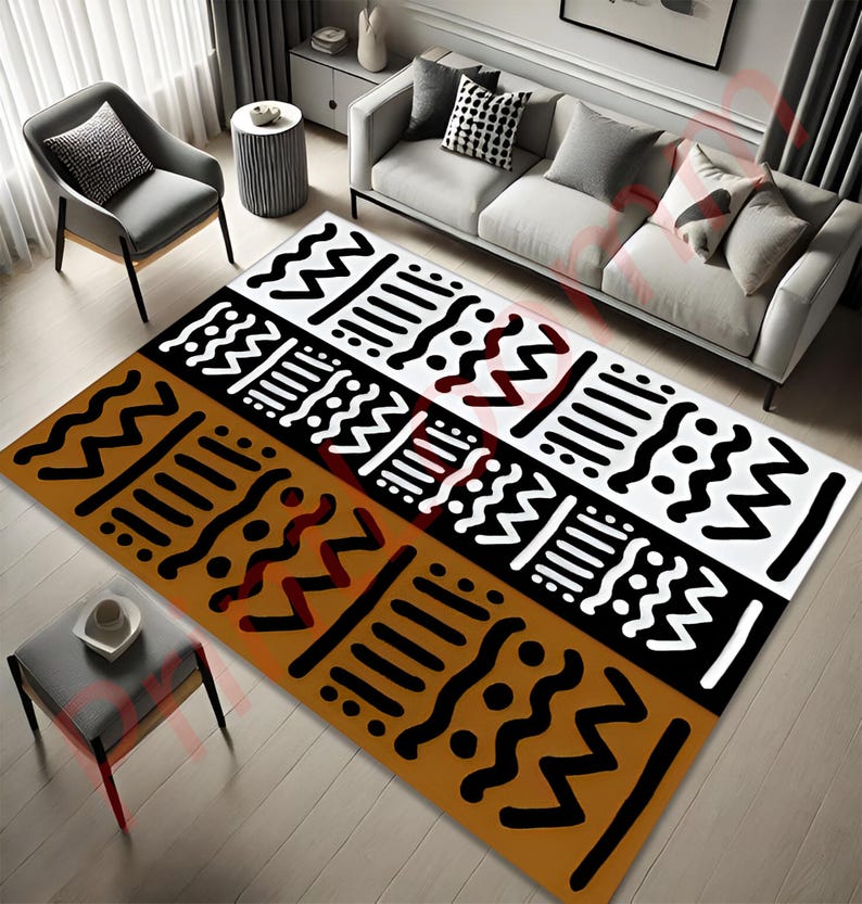 African Mudcloth Pattern Rug, Ethnic Tribal Carpet for Living Room or ...