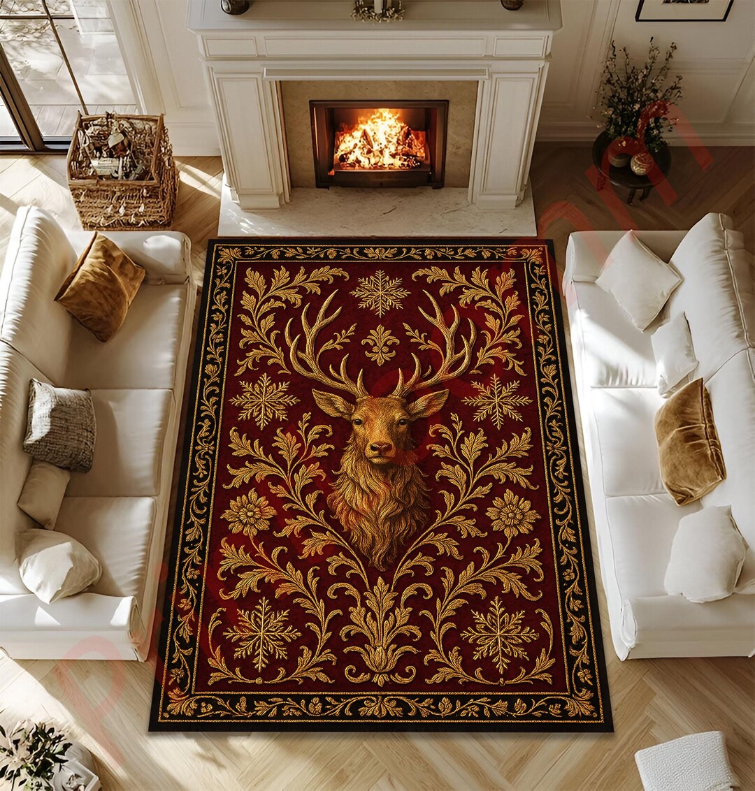 Vintage Red Deer Area Rug, Elegant Stag Carpet for Living Room, Rustic ...