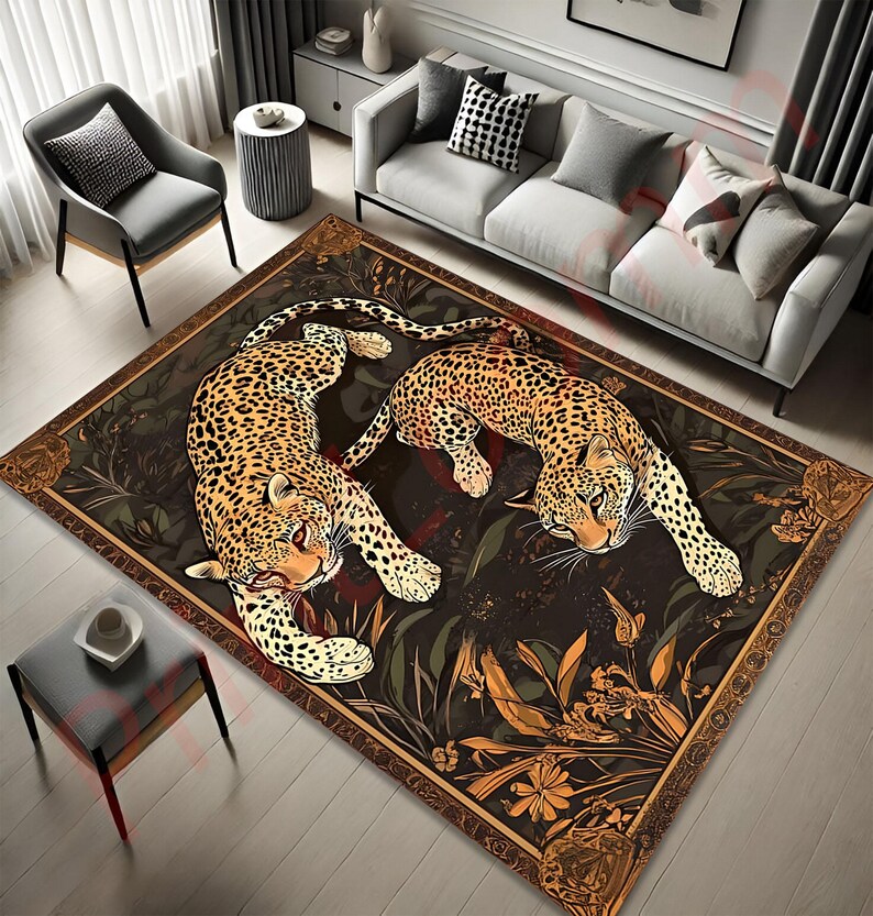 Leopard Rug With Jungle Theme, Bold Safari Animal Print Carpet, Exotic ...