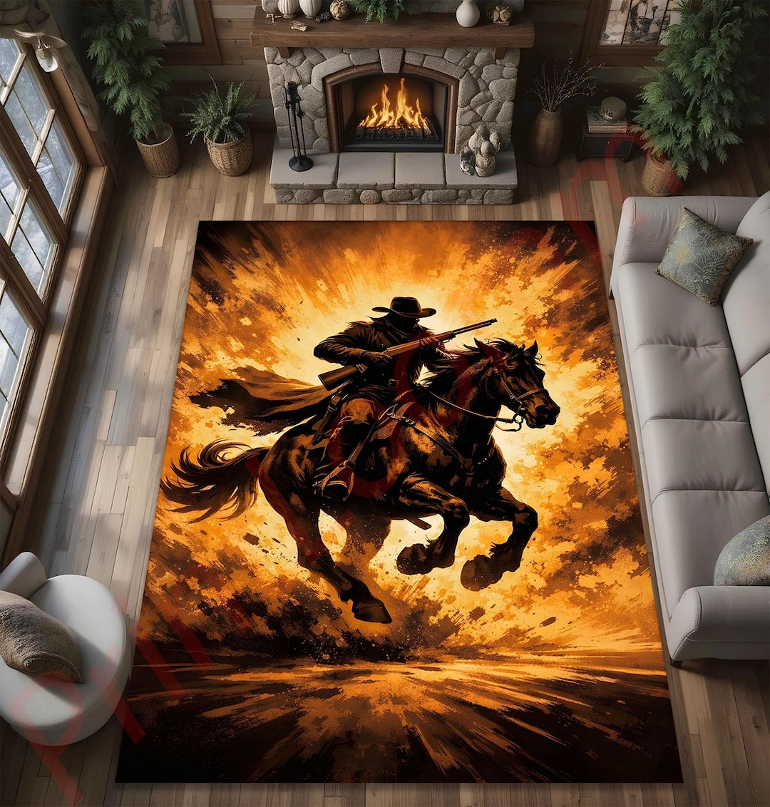 Western Cowboy Area Rug, Horse Rider Art Floor Carpet, Rustic Western ...
