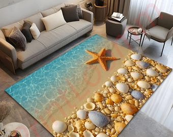 Beach Seashell Starfish Area Rug, Coastal Ocean Theme Carpet, Summer Beach House Decor, Nautical Living Room Rug, Sea Shore Floor Mat