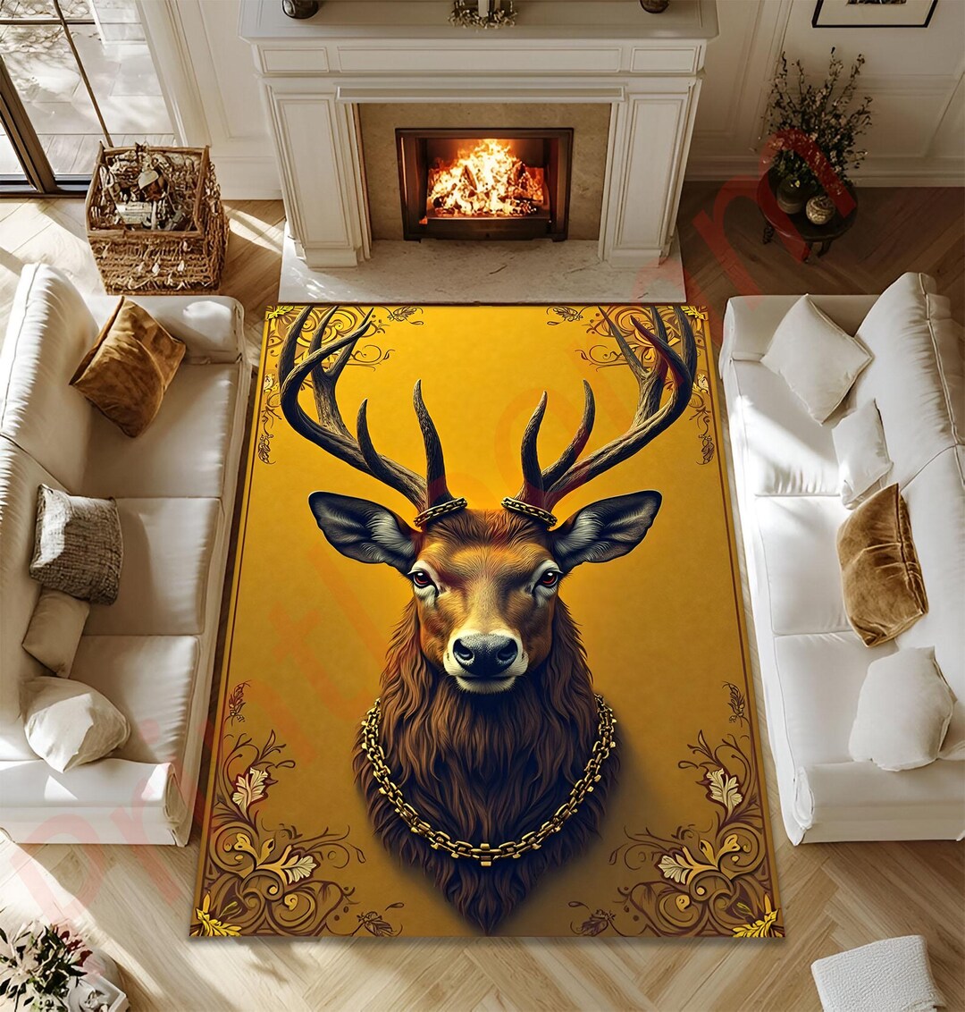 Majestic Deer Area Rug, Gold Stag Head Carpet, Wildlife Living Room Rug ...