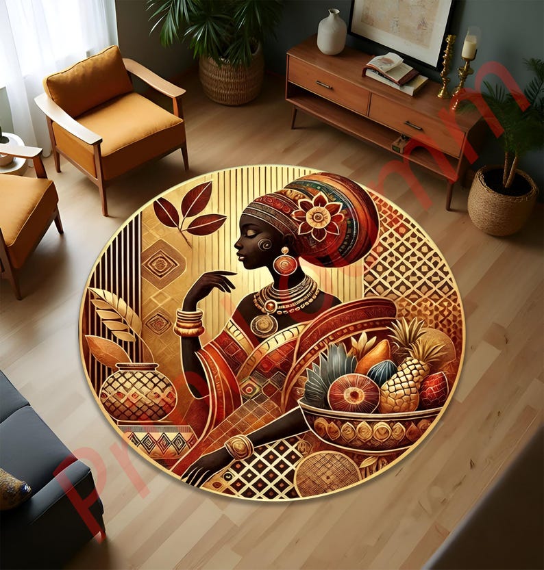 African Woman Round Rug, Ethnic Art Floor Carpet With Tribal Style ...