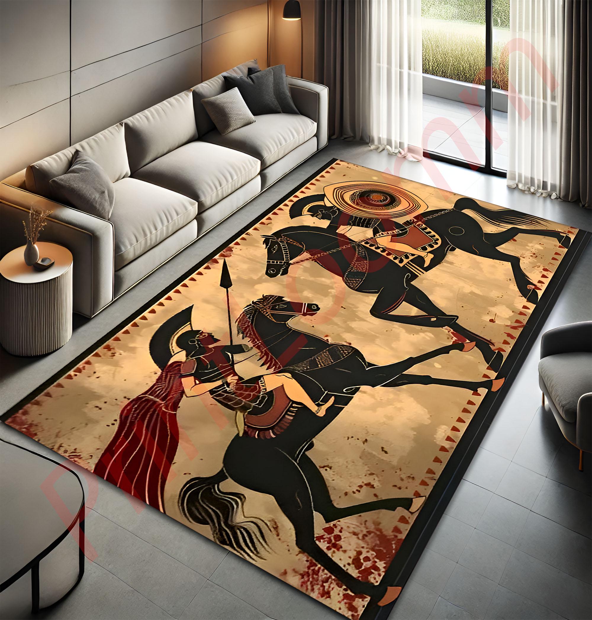 Armageddon Rug Ancient Greek Warrior Rug, Mythology Decor Carpet, Spartan Battle Scene ...