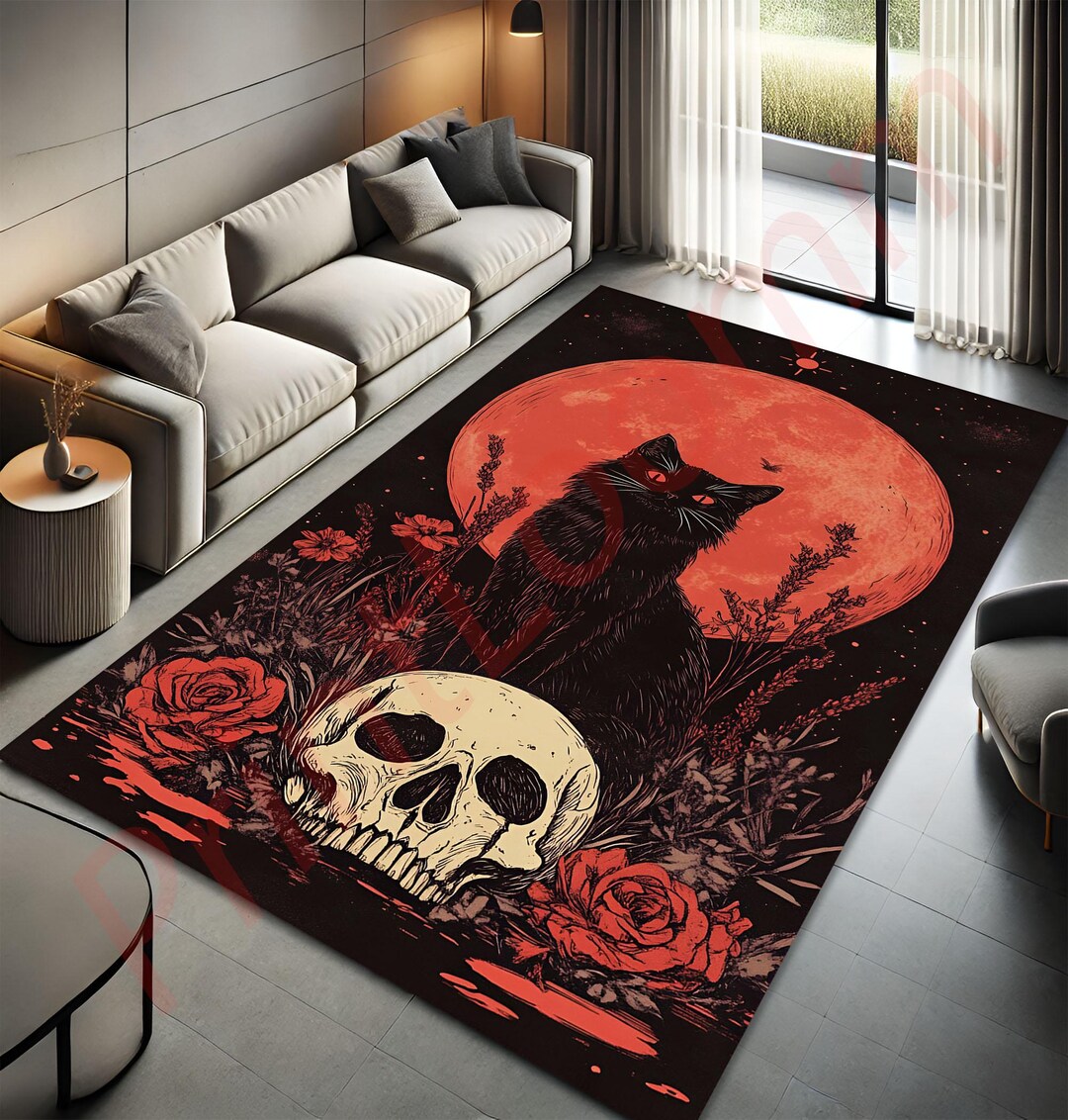 Scaring Cat Rug Gothic Black Cat Rug With Skull and Red Moon, Witchy Halloween Carpet ...