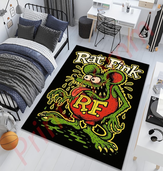 Rat Fink Rug With Retro Hot Rod Cartoon Style, Ed Roth Ratfink Art