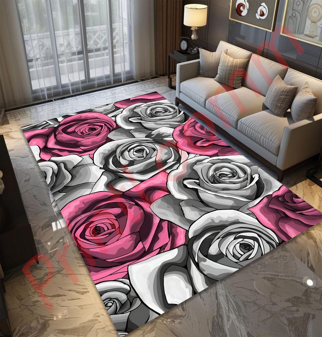 Rose Floral Area Rug, Pink and Grey Flower Carpet, Elegant Home Decor ...