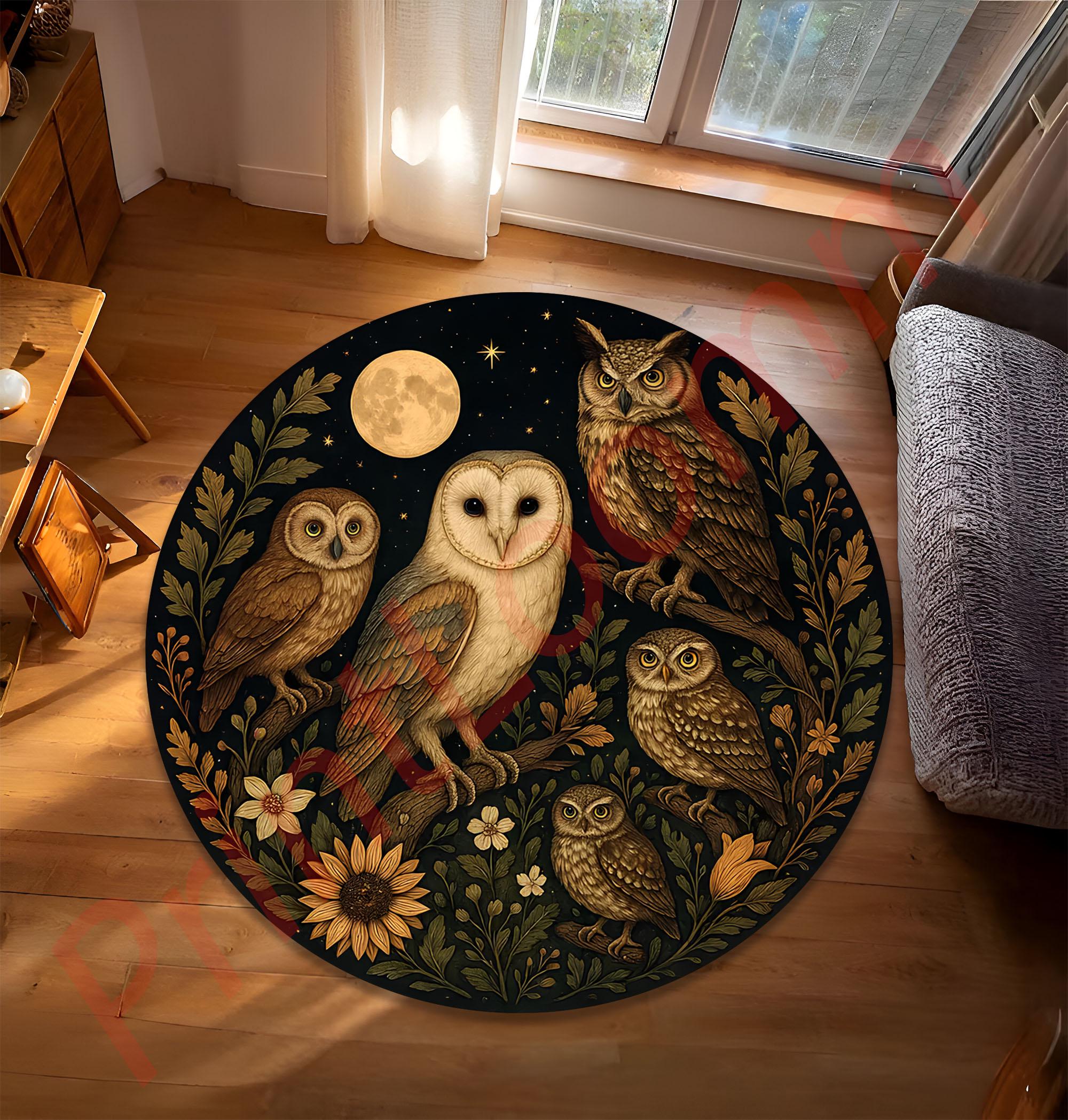 Owl Moon Round Rug, Mystical Forest Animal Design, Non-Slip Accent Carpet