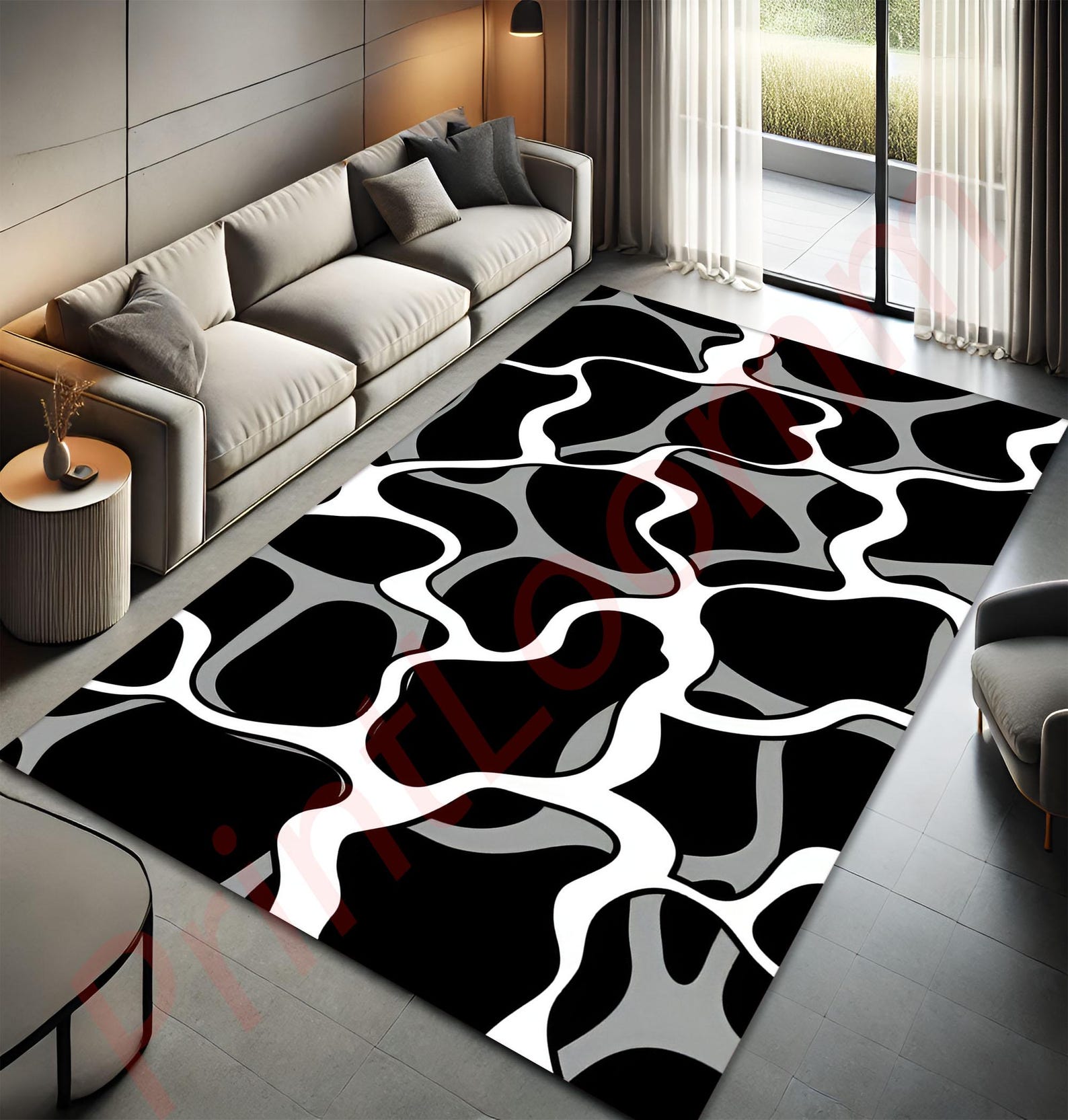 White Abstract Pattern Area Rug Modern Abstract Black White Rug, Wavy Pattern Monochrome Carpet for ...