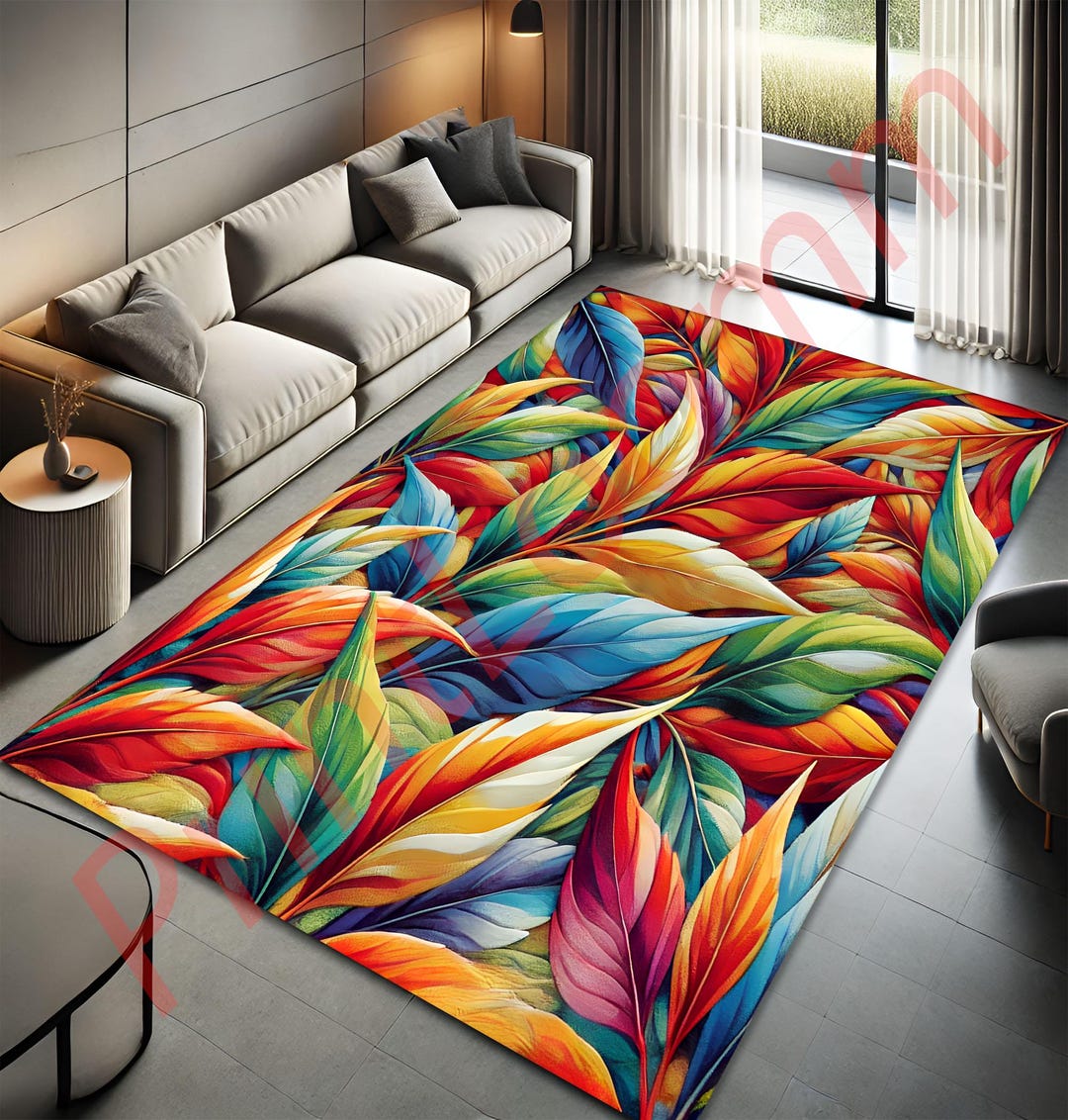 Colorful Leaf Pattern Rug, Vibrant Tropical Area Rug for Living Room ...