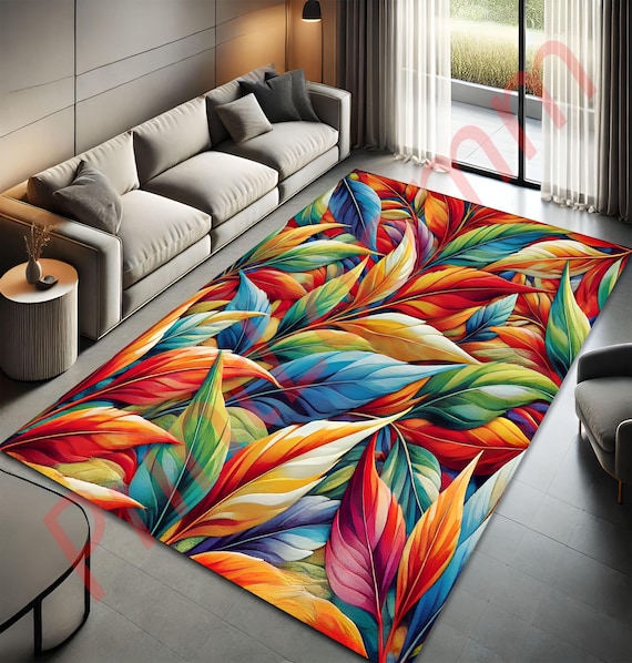 Colorful Leaf Pattern Rug, Vibrant Tropical Area Rug for Living Room, Non-Slip Washable Carpet, Modern Home Decor, Large Floor Rug Gift