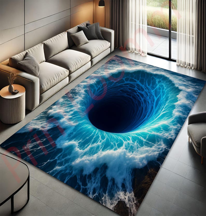 Water Print Rug 3D Ocean Whirlpool Rug Blue Water Illusion Carpet, Unique Sea Wave Area ...