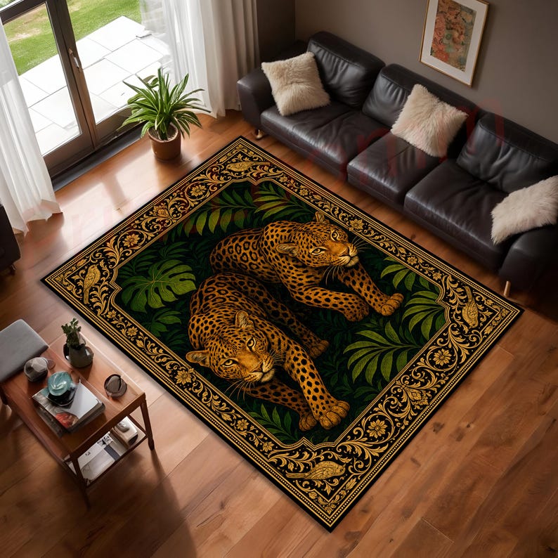 May include: A rectangular area rug featuring two leopards resting amidst dark green tropical foliage. The rug is framed by an ornate gold and black border with floral motifs and small bird illustrations, set against a dark background.