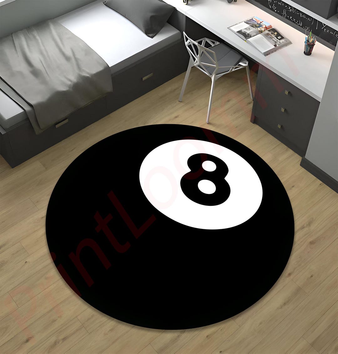 Round Rug With Pool Table Billiard 8 Ball Rug Round Carpet, Pool Table Game Room Decor, Fun ...