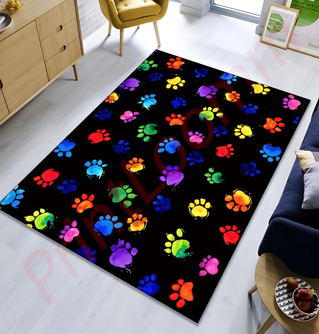 Colorful Paw Print Rug for Pet Lovers, Rainbow Dog Cat Paw Carpet, Cute ...