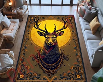 Majestic Stag Area Rug, Deer Animal Carpet, Woodland Living Room Decor, Rustic Cabin Floor Mat, Nature Wildlife Home Rug