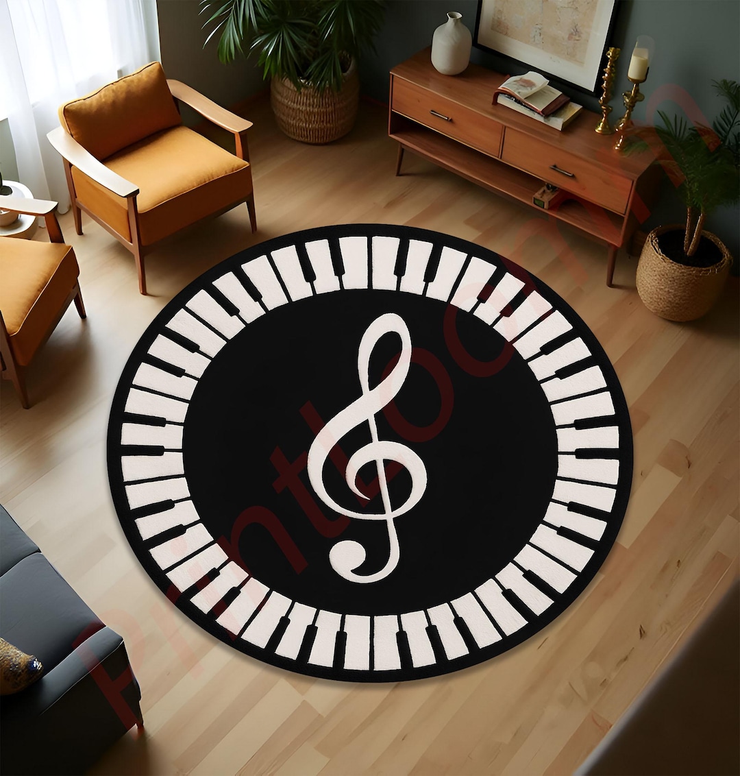 Circle Music Rug Piano Round Rug With Treble Clef Symbol, Black and White Music Carpet ...