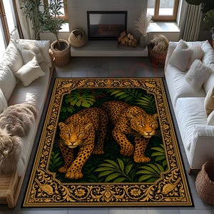 May include: A rectangular area rug featuring two leopards walking through a dense green jungle of tropical leaves. The central image is enclosed by a decorative gold border with intricate floral patterns and small bird motifs at the corners.