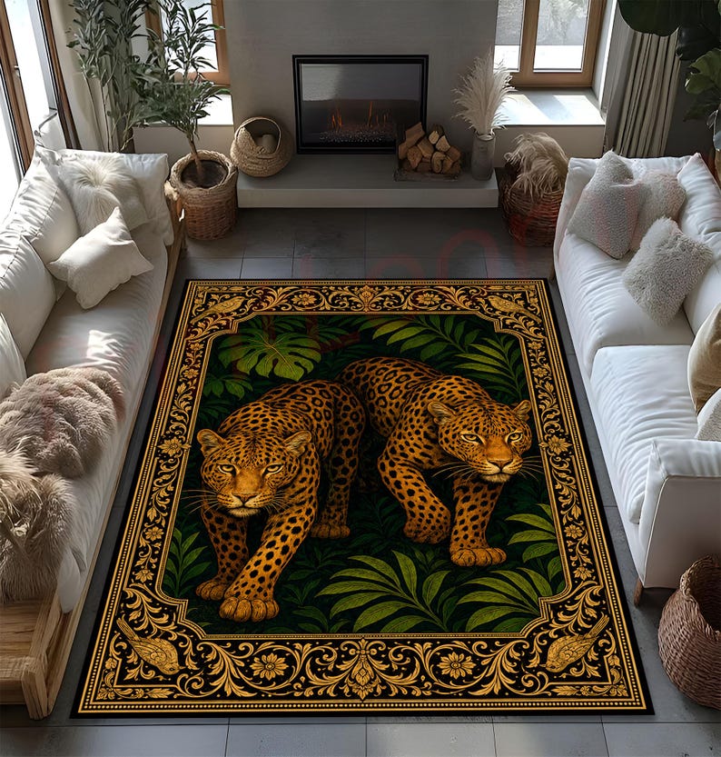 May include: A rectangular area rug featuring two leopards walking through a dense green jungle of tropical leaves. The central image is enclosed by a decorative gold border with intricate floral patterns and small bird motifs at the corners.