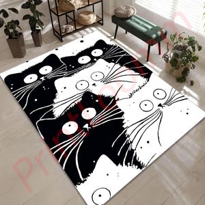 Black And White Cat Rug, Funny Cartoon Cat Carpet For Living Room Or Kids Room, Cute Pet Themed Floor Mat, Gift For Cat Lovers And Owners