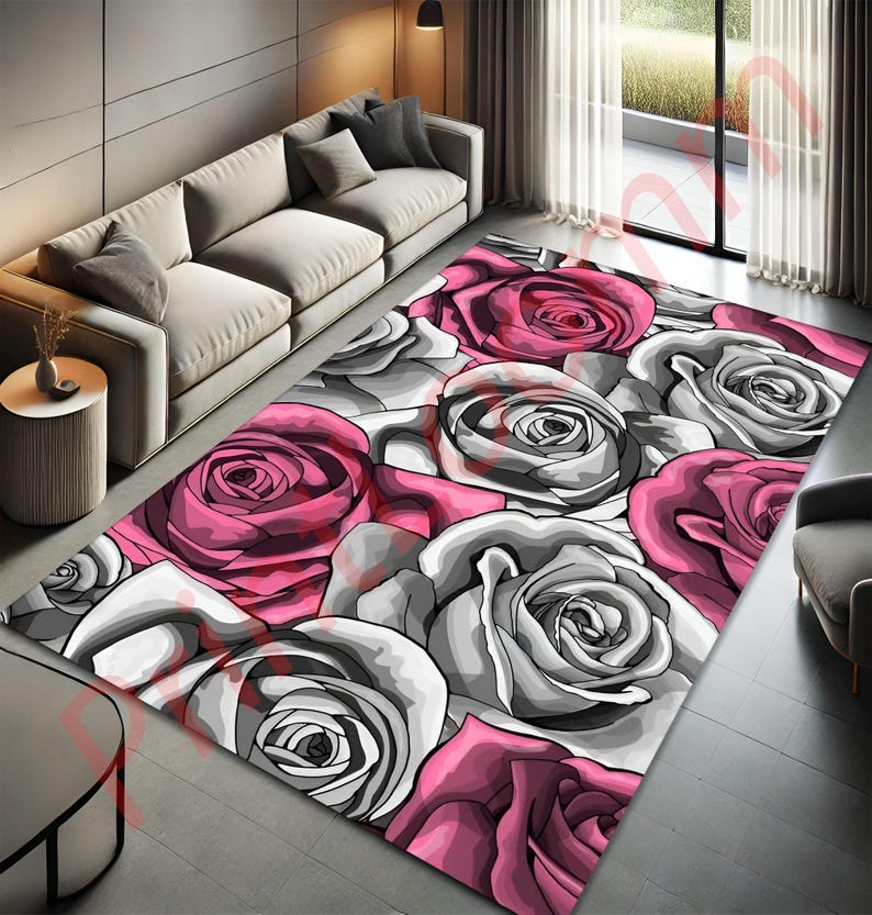 Rose Floral Area Rug, Pink and Grey Flower Carpet, Elegant Home Decor ...