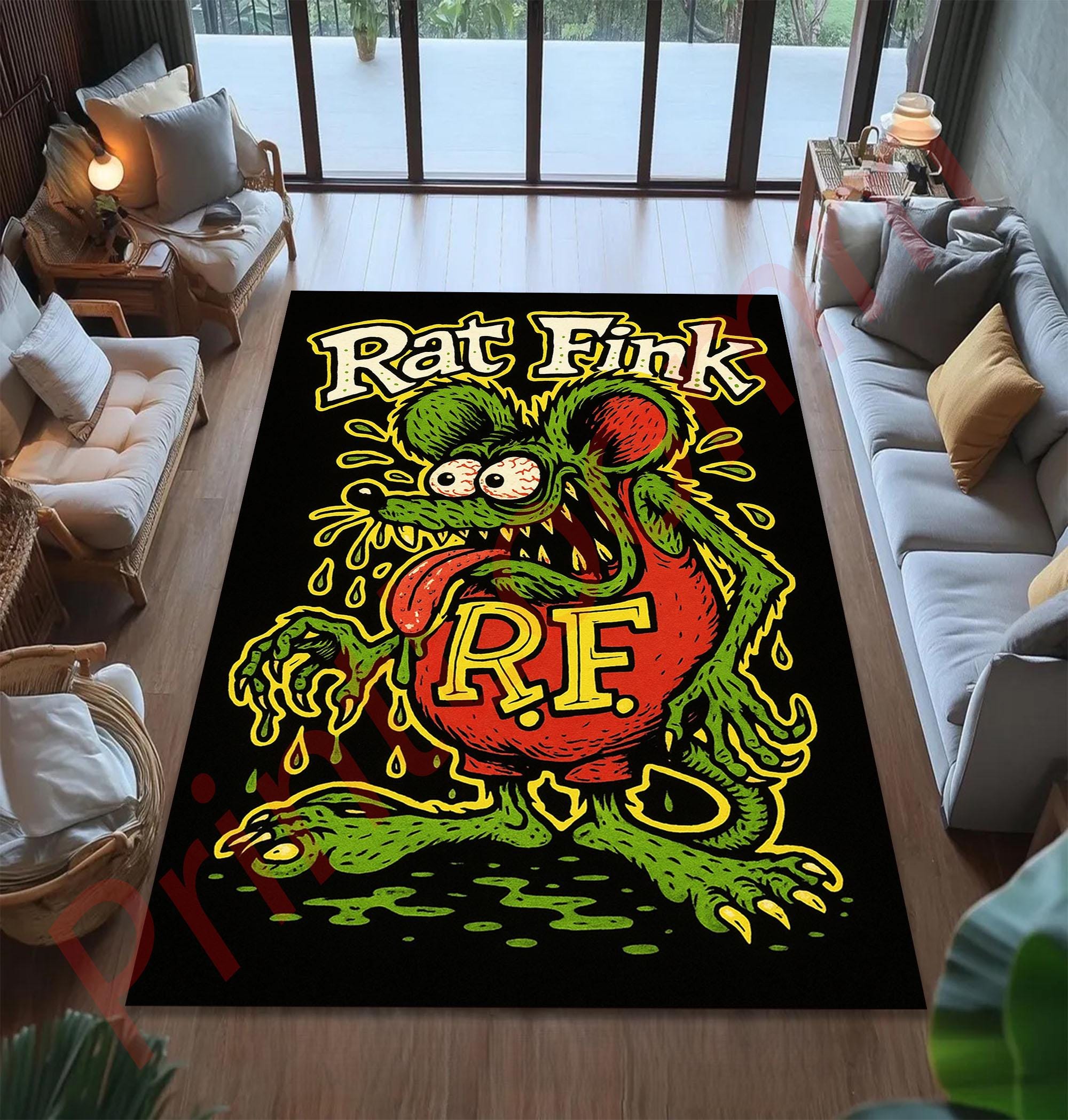 Rat Fink Rug With Retro Hot Rod Cartoon Style, Ed Roth Ratfink Art