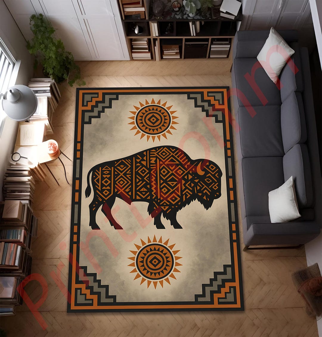 Southwestern Buffalo Area Rug, Tribal Geometric Bison Design, Rustic ...