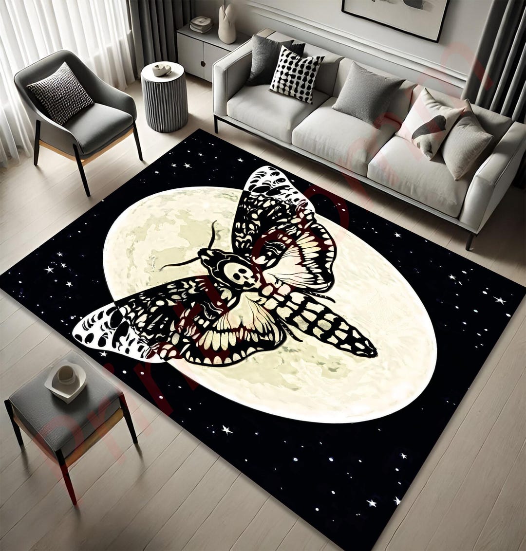 Death Moth Moon Rug, Gothic Skull Moth Area Carpet, Witchy Dark ...
