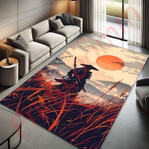 Samurai Rug, Japanese Warrior Carpet, Modern Decorative Floor Mat, Knight Theme Area Rug, Anime Style Room Decor, Unique Gift Rug