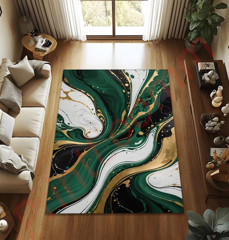 Green Marble Area Rug With Gold Accents, Abstract Modern Carpet for ...