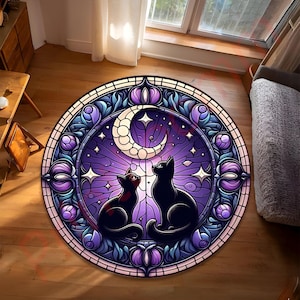 Mystical Black Cat Round Rug, Moon And Stars Carpet For Witchy Decor, Boho Celestial Floor Mat, Gift For Cat Lovers Or Her Home