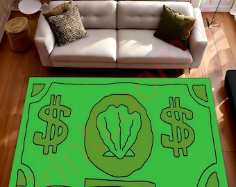 Green Cartoon Money Rug, Playful Dollar Bill Carpet, Fun Graphic Floor Mat For Teens, Unique Game Room Decor, Cool Gift For Boys, Floor Rug