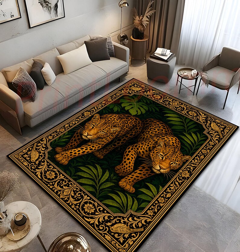 May include: A rectangular area rug featuring two leopards resting amidst dark green tropical foliage. The rug is framed by an ornate gold border with floral motifs and small bird illustrations, set against a deep black background.