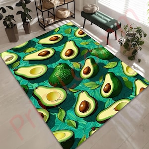 Avocado Pattern Rug For Kitchen Or Living Room, Fun Fruit Area Carpet, Colorful Avocado Lover Gift, Trendy Green Home Decor Mat, Avocado Rug