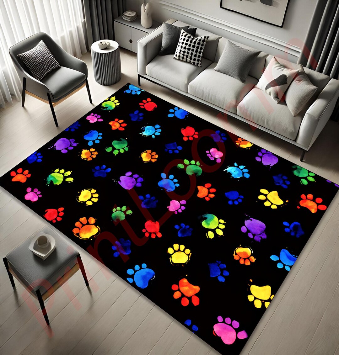 Square Paw Print Rug Colorful Paw Print Rug for Pet Lovers, Rainbow Dog Cat Paw Carpet, Cute ...