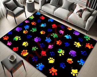 Colorful Paw Print Rug For Pet Lovers, Rainbow Dog Cat Paw Carpet, Cute Floor Decor For Animal Room, Gift For Pet Owner Or Kids, Floor Rug