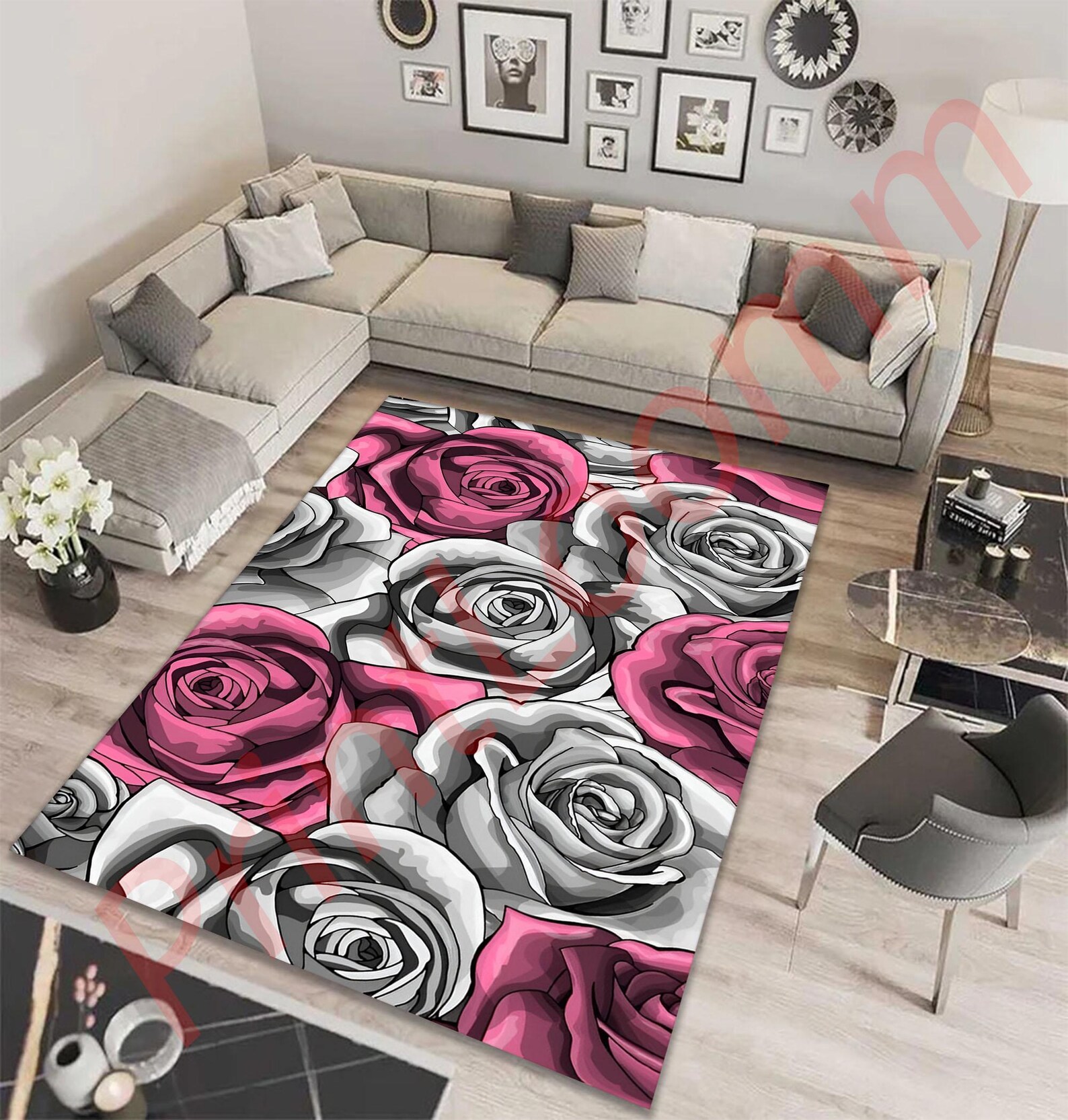 Rose Floral Area Rug, Pink and Grey Flower Carpet, Elegant Home Decor ...