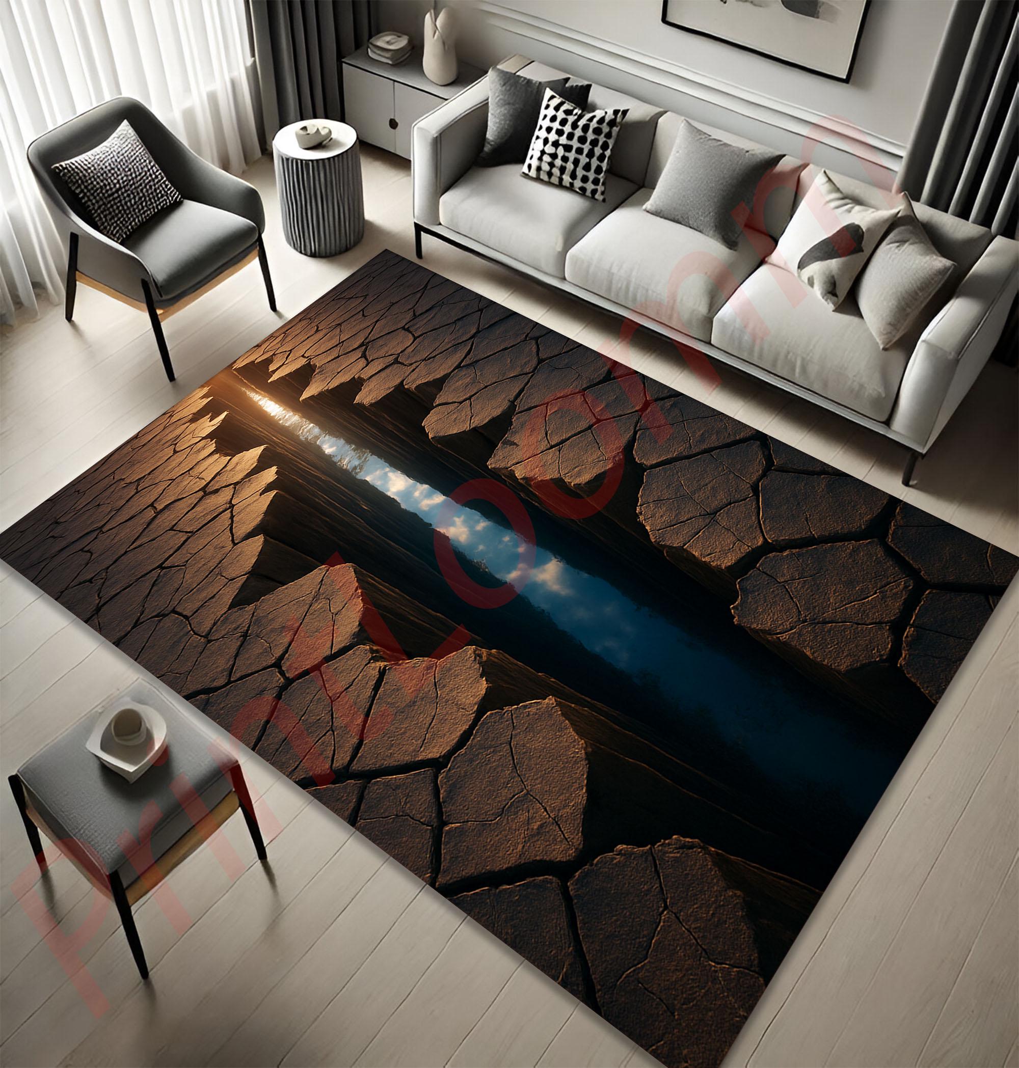 3D Illusion Area Rug, Realistic Rock Canyon Print Carpet With River ...