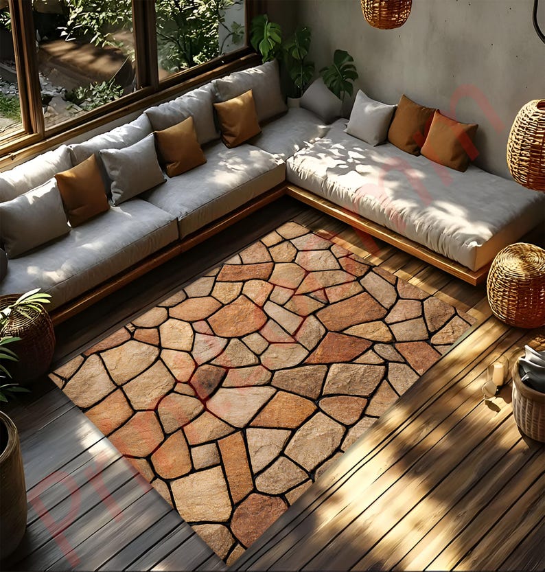 Stone Path Rug Stone Pattern Rug for Living Room, Rustic Stone Floor Look Carpet ...