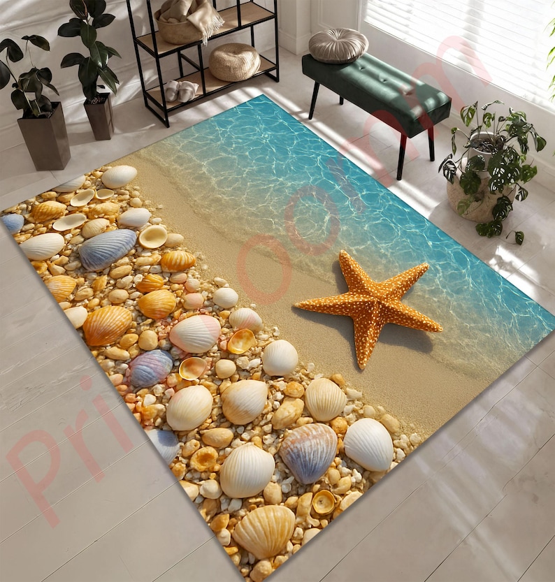 Seashell Oval Rug Beach Seashell Starfish Area Rug, Coastal Ocean Theme Carpet, Summer ...