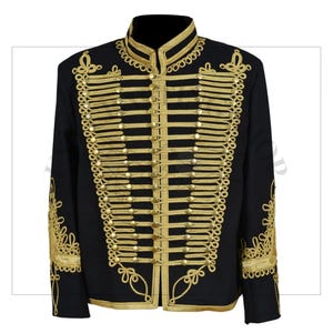 Hussar Jacket Black, Tunic Pelisse Hendrix Pipe Band Jacket, Napoleonic Uniform Military, Gold Braided Jacket, New Men Hussar Fashion jacket