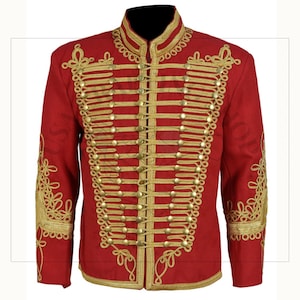 Napoleonic Uniform Military Hussar Jacket Red, Tunic Pelisse Hendrix Pipe Band Jacket, Gold Braided Jacket, New Men Hussar Fashion jackets