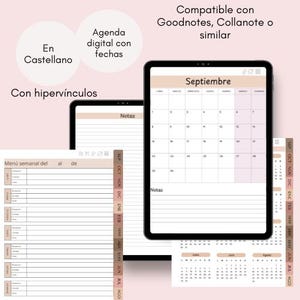 Puede incluir: Una agenda digital mostrada en tabletas con un calendario mensual de septiembre, un menú semanal y una vista anual. La interfaz incluye pestañas para los meses, iconos de navegación y texto en castellano, compatible con aplicaciones.