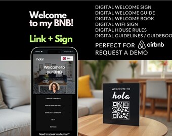 Letrero de bienvenida con código QR personalizado de Airbnb / Guía de bienvenida digital / Normas de la casa y libro de visitas, libro de bienvenida, guía