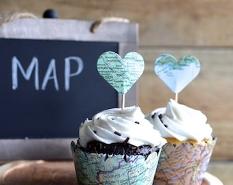 Vintage Map Cupcake Wrappers for Adventure Themed Events! Perfect for weddings, baby showers, and birthdays. Made using real vintage atlases