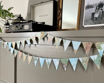 Vintage Atlas Paper Map Triangle Garland: Customizable Length