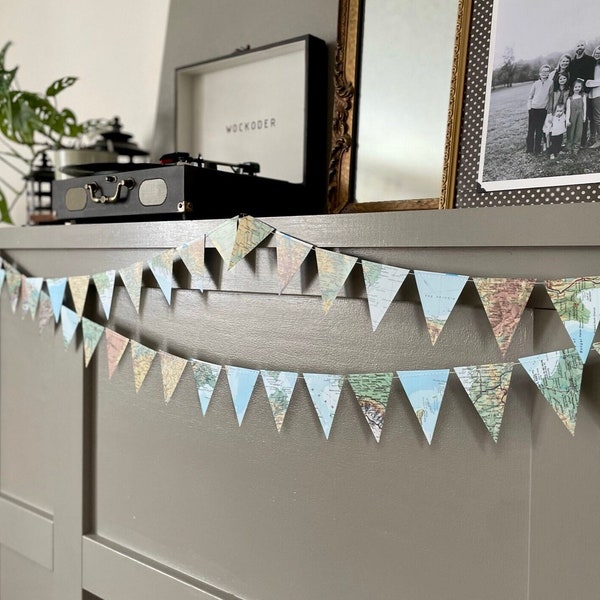 Paper Map Triangle Garland. Customizable Length. Each triangle is 2.5" wide. Perfect decor for weddings, birthdays, baby showers, or nursery