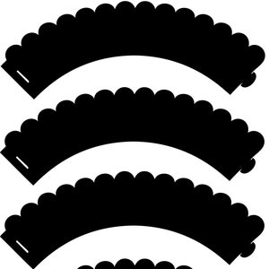 May include: Five black cupcake liners with scalloped edges. The liners are arranged in a stack, with the top liner facing the viewer.